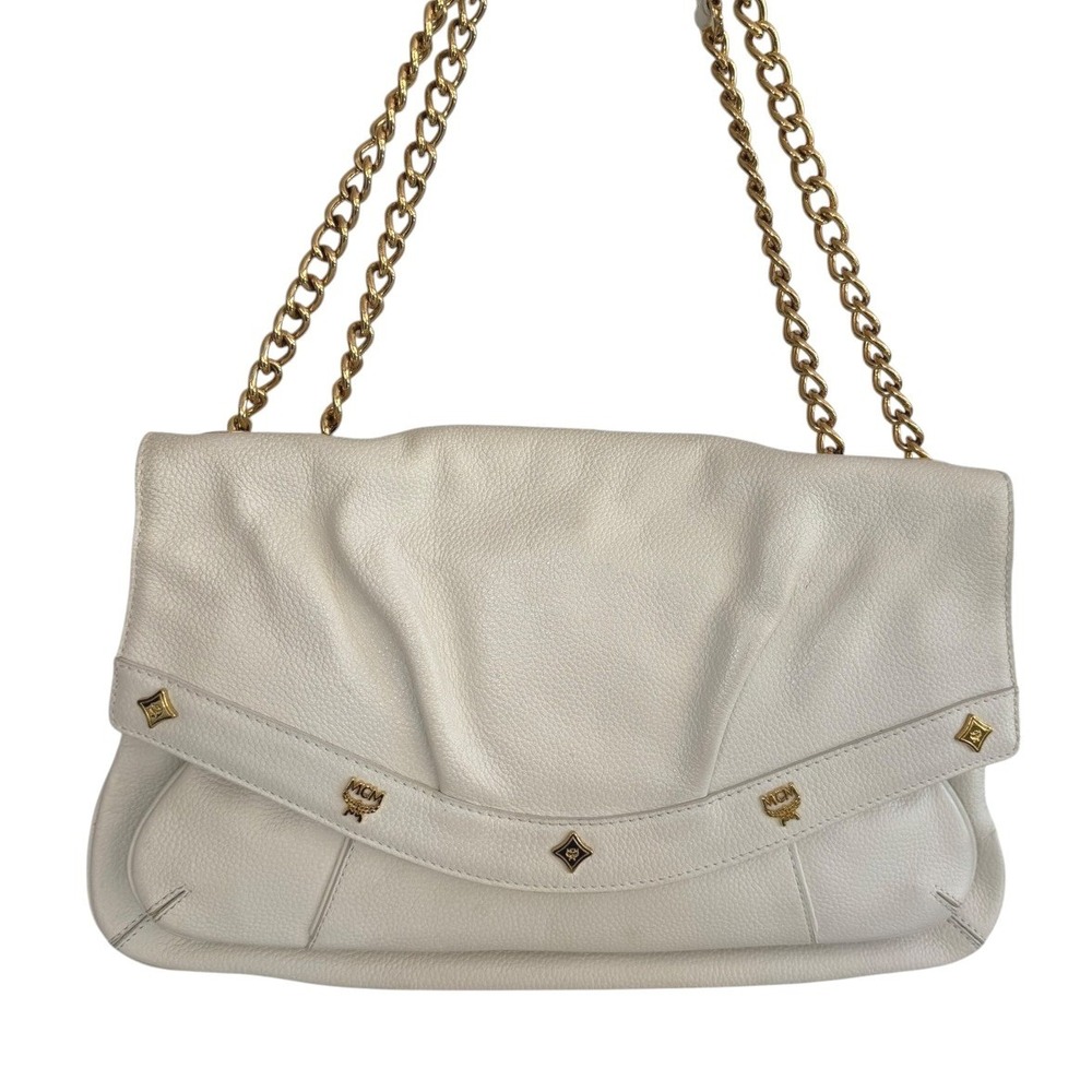 MCM White Pebbled Leather Flap Bag Gold Chain Shoulder Purse Kiss Lock - Picture 4 of 12